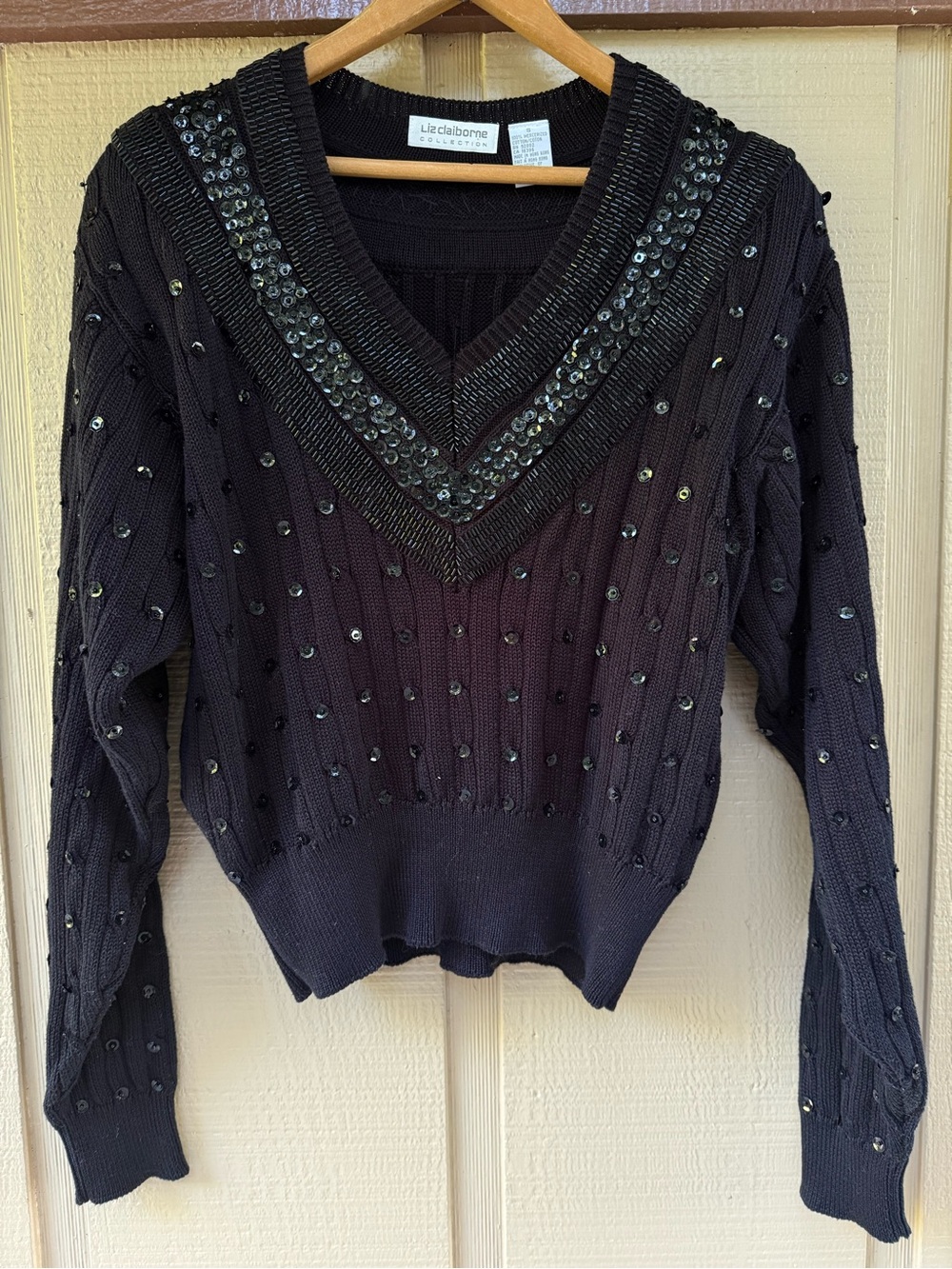 Vintage Liz Claiborne Black Sequin Embellished V-Neck Ribbed Tennis Sweater S